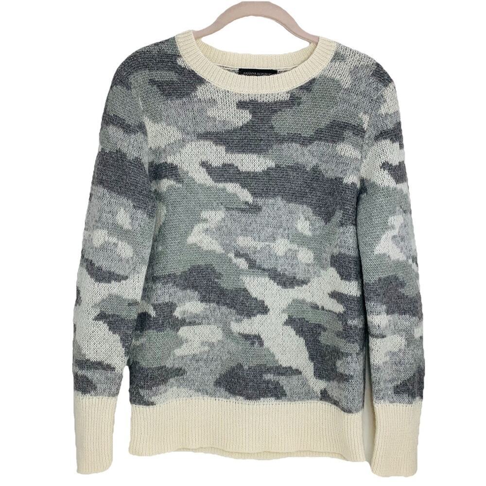 Banana Republic Camo Pullover Sweater Small Gray Cream Wool Mohair Crewneck EUC